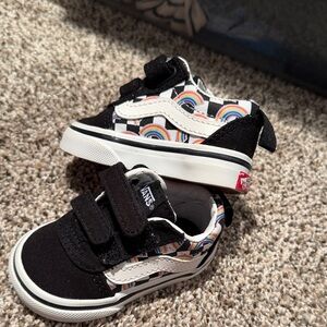 Vans Kids Black White Sneakers with Rainbow Checkerboard Accents
